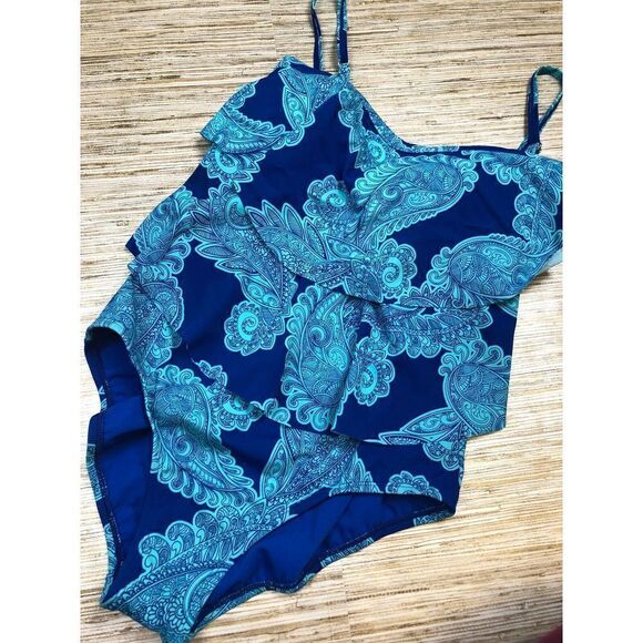 V-4 Jantzen ruffle front One-Piece Plunge Swimsuit BLUE PAISLEY sz 10 nwot - Picture 1 of 2